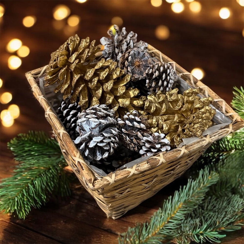 Festive Pine Cone Basket - Gold and white